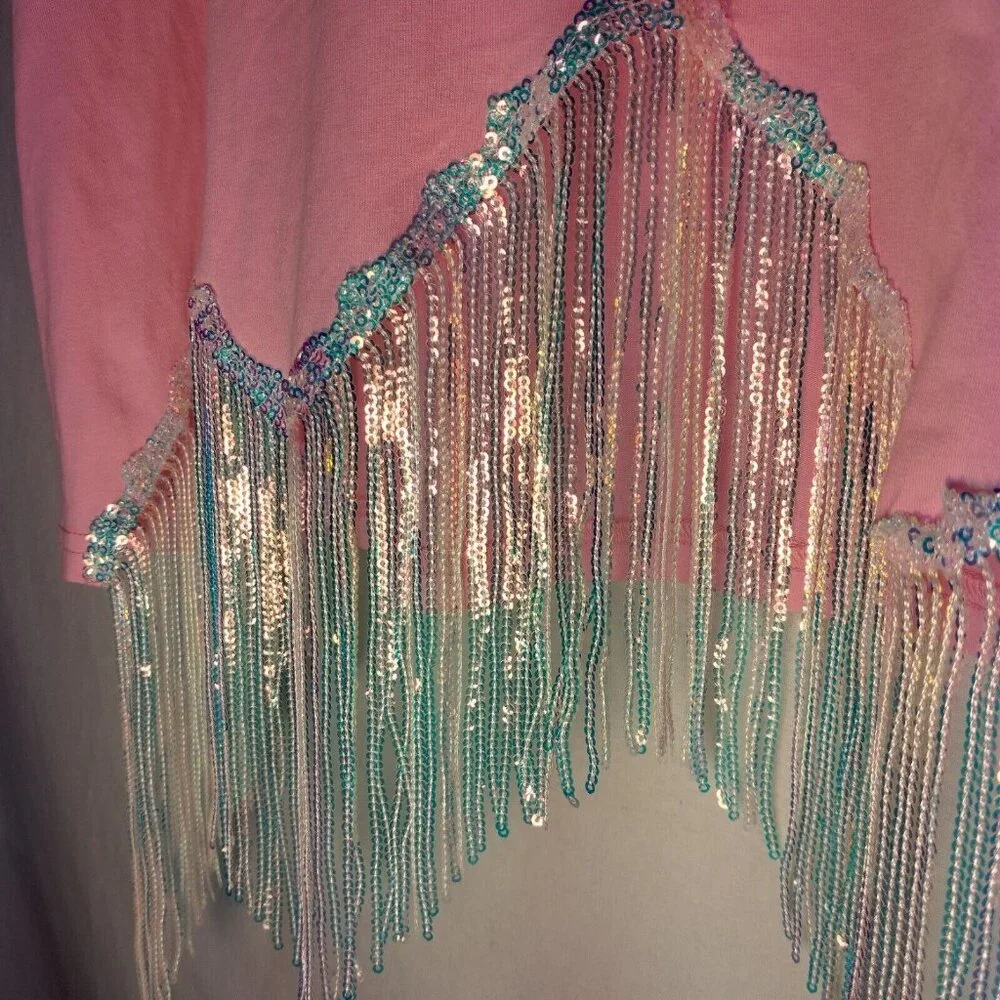 Cowboy T Shirt Large Pink Cropped Silver Fringe Western Cowgirl Crop Top - Picture 8 of 15